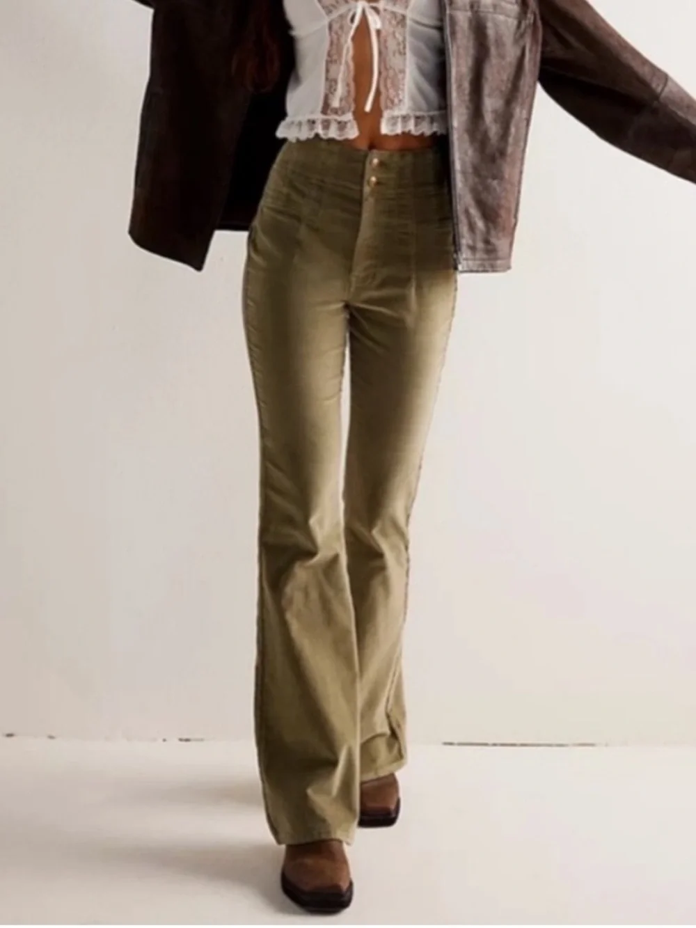 Free People We The Free Jayde Cord Flare Pants High Rise Olive Green Size 29 - Picture 1 of 11